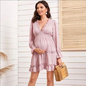 Maternity Shirred Waist Flounce Sleeve Frill Dress